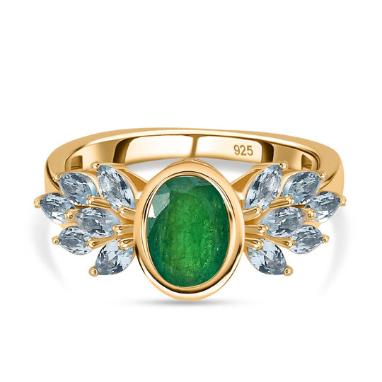 GEM FIESTA Kollektion - AA Kagem Sambischer Smaragd, Aquamarin Ring 925 Silber 750 Gelbgold Vermeil (Größe 19.00) ca. 2.00 ct