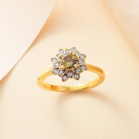AA Natürlicher goldener Tansanit, Moissanit Ring 925 Silber 750 Gelbgold Vermeil (Größe 21.00) ca. 0,60 ct