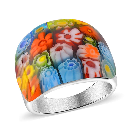 Mehrfarbiges Murano-Stil Glas Ring 316L Edelstahl (Größe 17.00)
