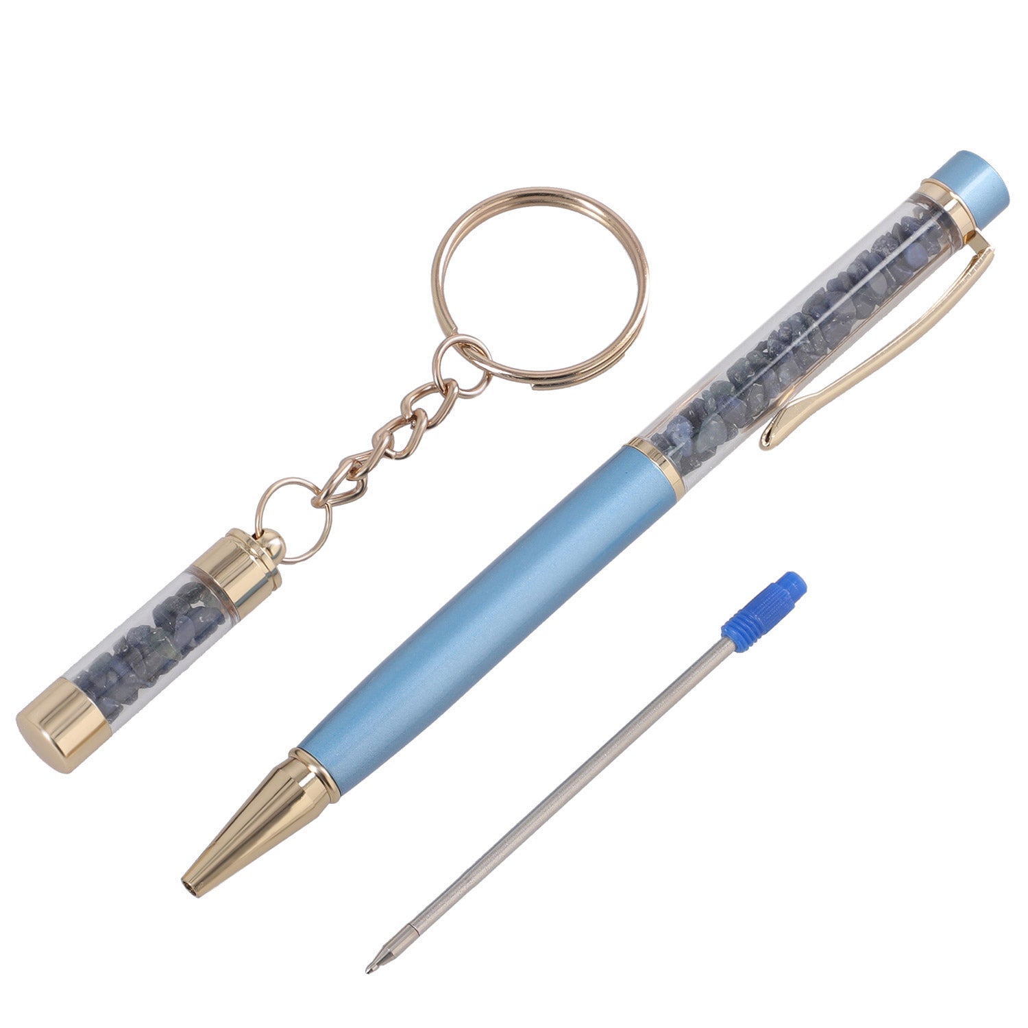 Premium Kollektion - Echter blauer Saphir-Kugelschreiber mit extra Mine und Schlüsselanhänger