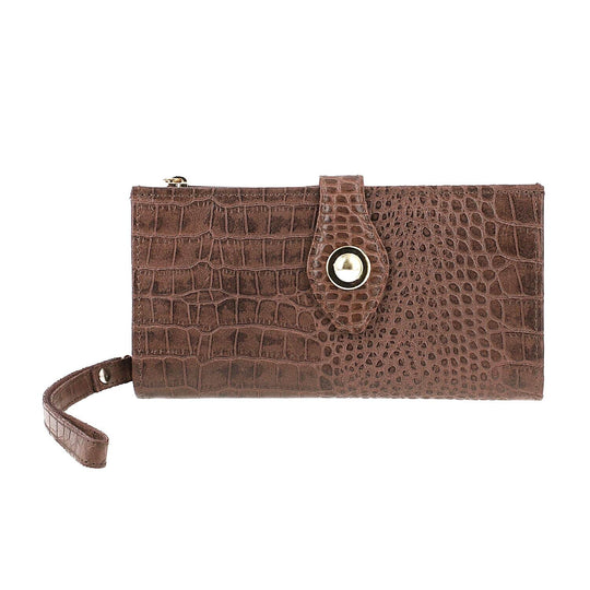 Kroko-geprägte Geldbörse aus 100% echtem Leder mit RFID Schutz, 19x11.4x1.3cm, Braun