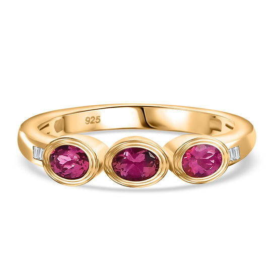 Lab Grown Roter Smaragd (Beryll), Weißer Diamant Ring 925 Silber 750 Gelbgold Vermeil (Größe 21.00) ca. 0.52 ct