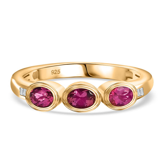 Lab Grown Roter Smaragd (Beryll), Weißer Diamant Ring 925 Silber 750 Gelbgold Vermeil (Größe 21.00) ca. 0.52 ct