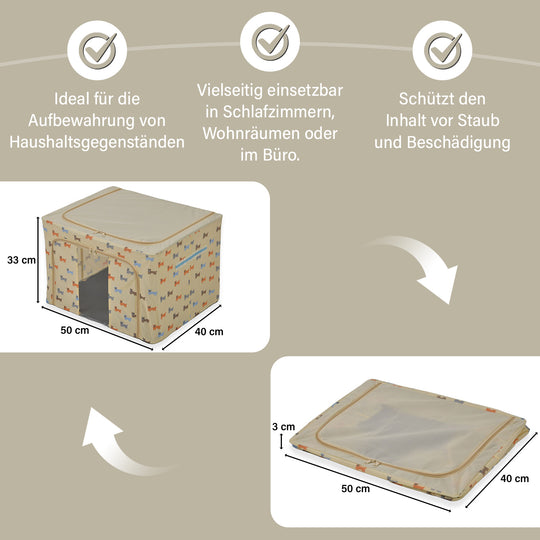 Faltbare Aufbewahrungsbox aus Stoff, 66 Liter offen, Größe 50x40x33cm gefaltet, Beige