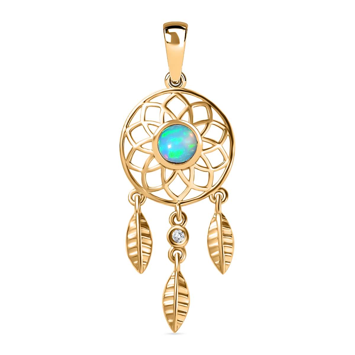AA Natürlicher, äthiopischer Welo Opal, Weißer Zirkon Anhänger 925 Silber 750 Gelbgold Vermeil ca. 0.40 ct