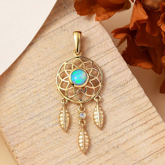AA Natürlicher, äthiopischer Welo Opal, Weißer Zirkon Anhänger 925 Silber 750 Gelbgold Vermeil ca. 0.40 ct
