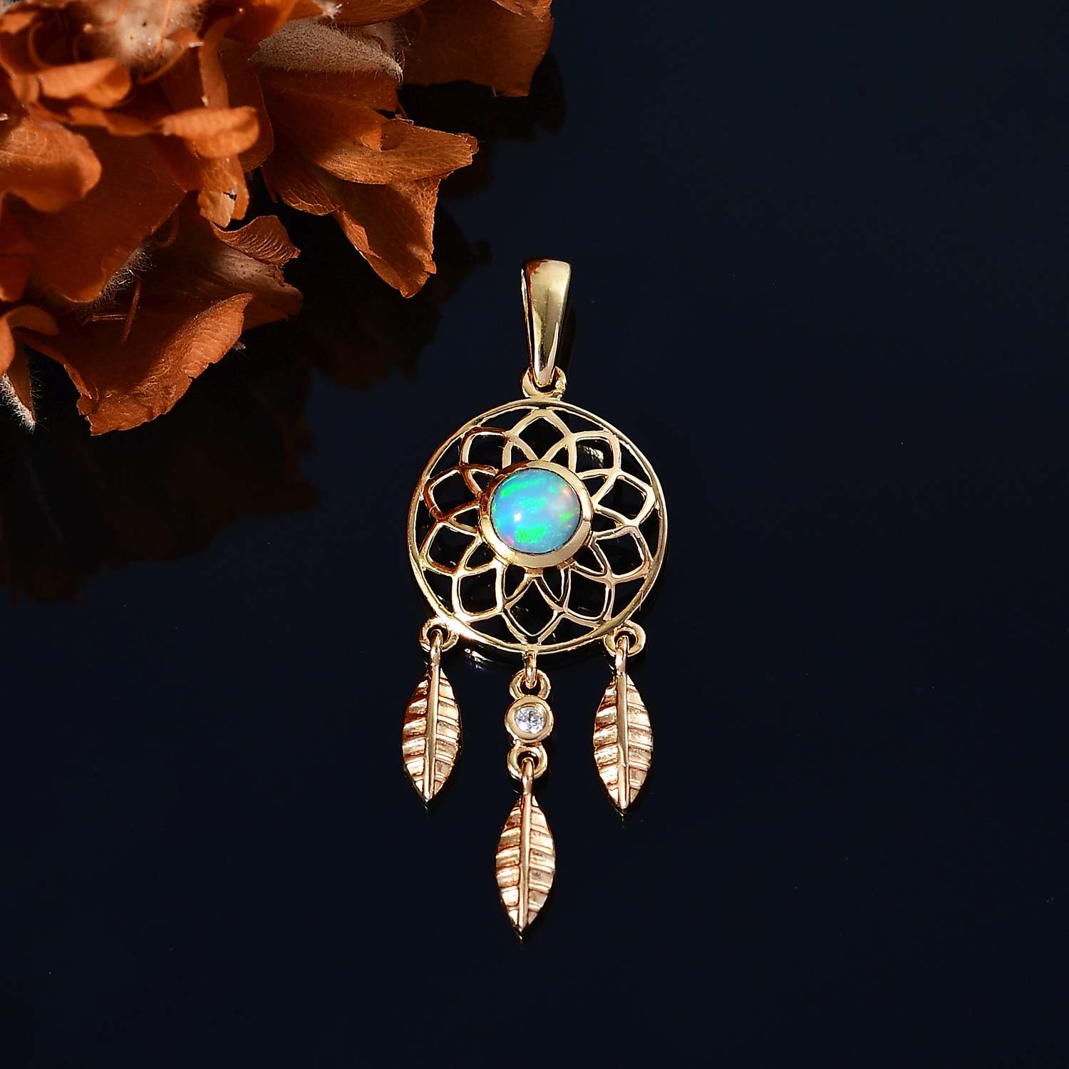 AA Natürlicher, äthiopischer Welo Opal, Weißer Zirkon Anhänger 925 Silber 750 Gelbgold Vermeil ca. 0.40 ct