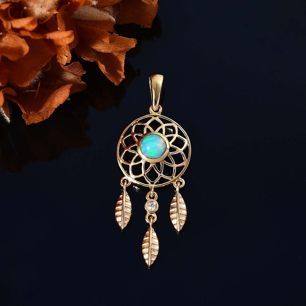 AA Natürlicher, äthiopischer Welo Opal, Weißer Zirkon Anhänger 925 Silber 750 Gelbgold Vermeil ca. 0.40 ct