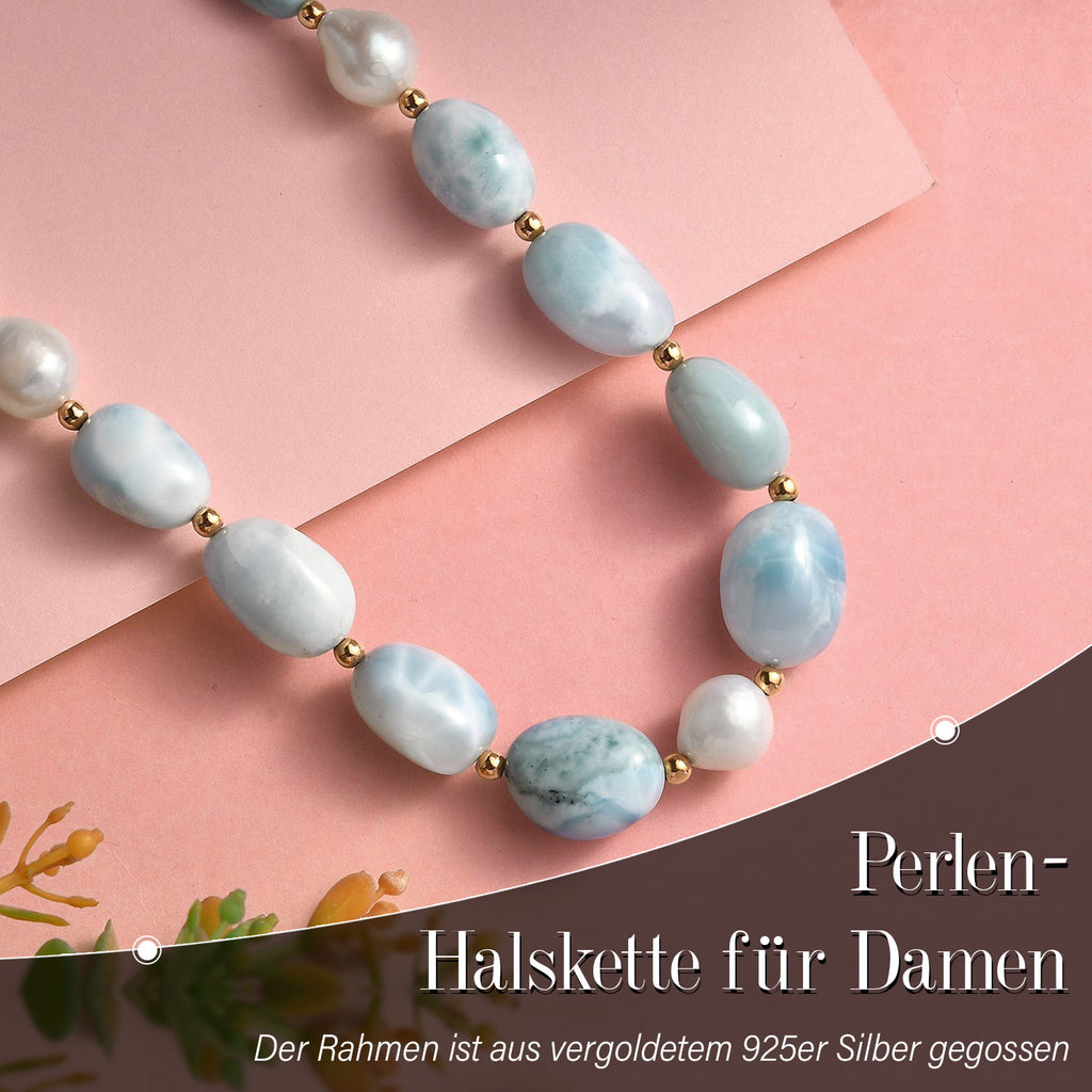 Natürlicher grüner Larimar Perlen-Halskette, ca. 50 cm, 925 Silber 750 Gelb Vergoldet