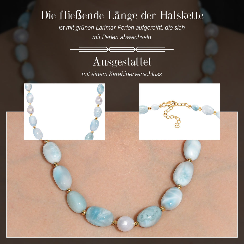 Natürlicher grüner Larimar Perlen-Halskette, ca. 50 cm, 925 Silber 750 Gelb Vergoldet