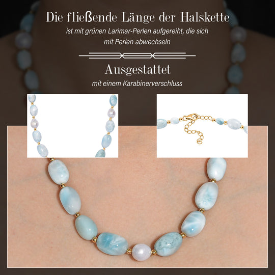 Natürlicher grüner Larimar Perlen-Halskette, ca. 50 cm, 925 Silber 750 Gelb Vergoldet