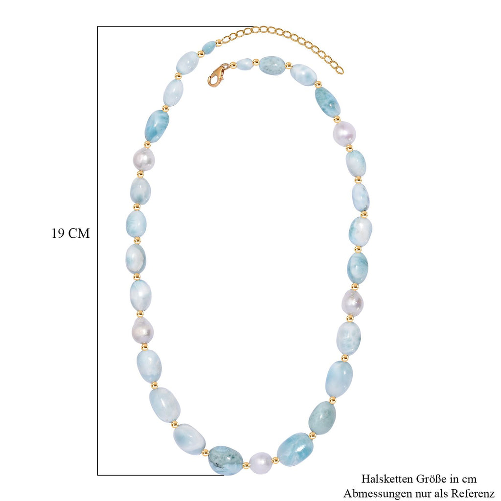 Natürlicher grüner Larimar Perlen-Halskette, ca. 50 cm, 925 Silber 750 Gelb Vergoldet