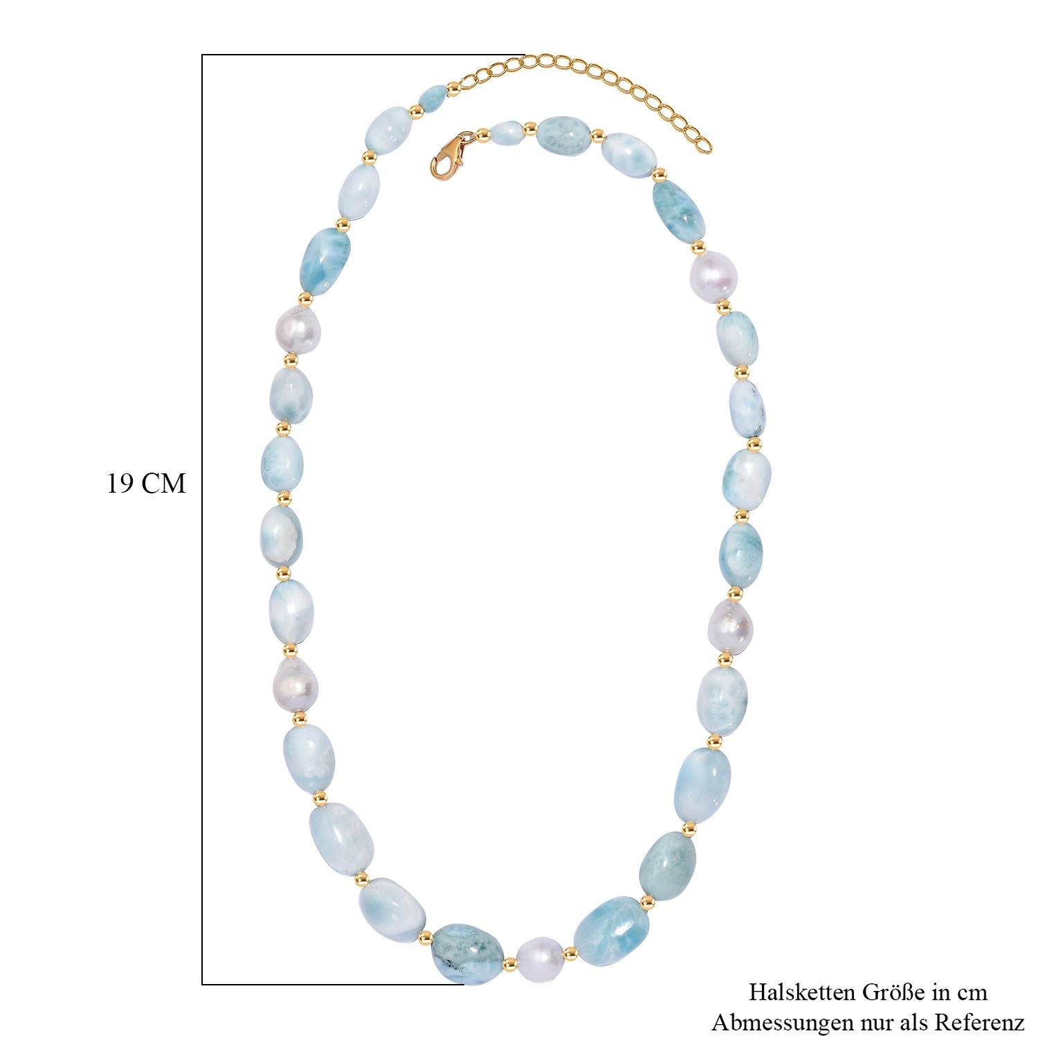 Natürlicher grüner Larimar Perlen-Halskette, ca. 50 cm, 925 Silber 750 Gelb Vergoldet