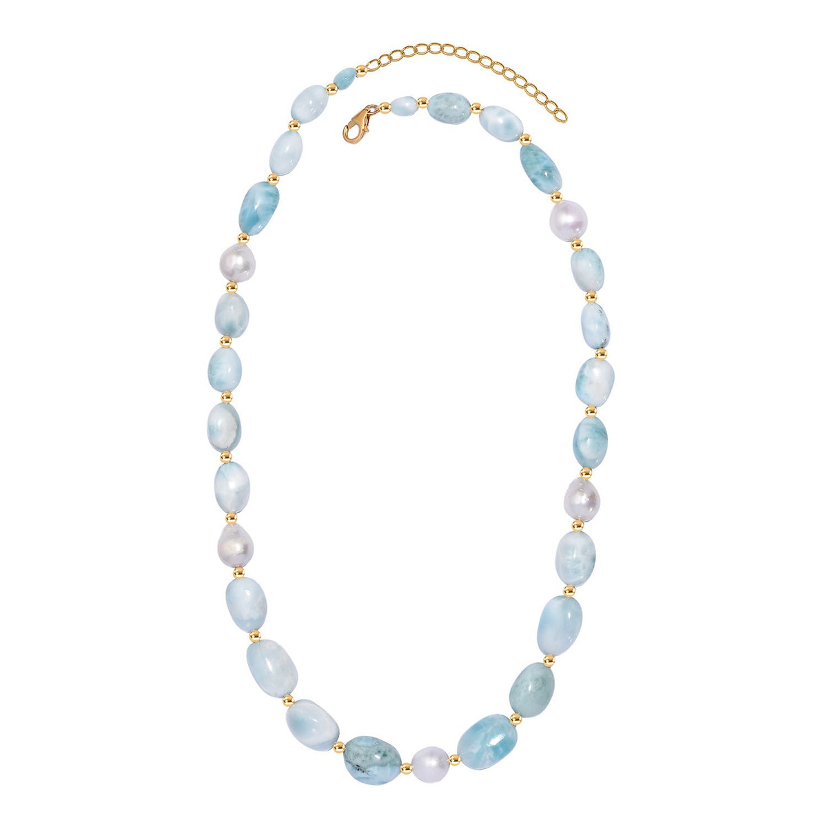 Natürlicher grüner Larimar Perlen-Halskette, ca. 50 cm, 925 Silber 750 Gelb Vergoldet