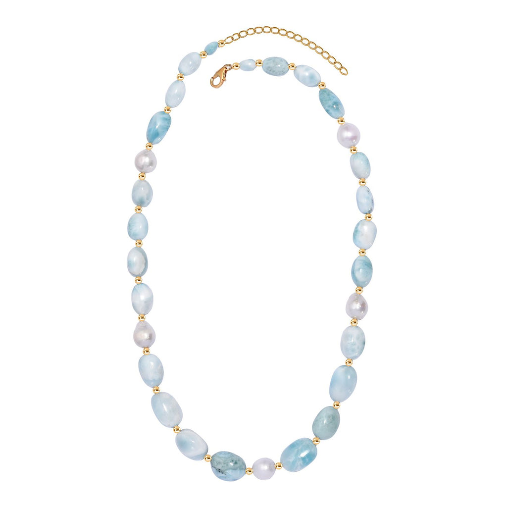 Natürlicher grüner Larimar Perlen-Halskette, ca. 50 cm, 925 Silber 750 Gelb Vergoldet