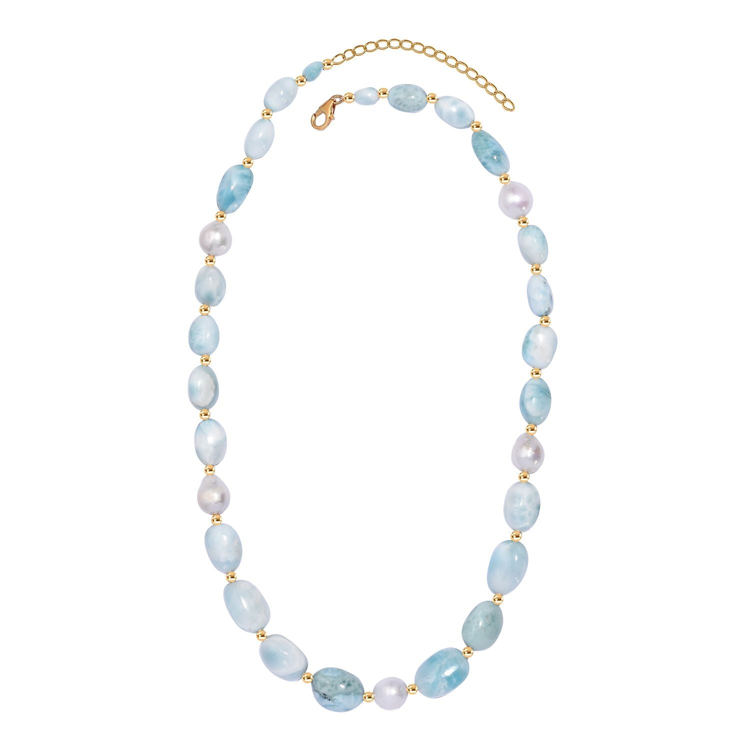 Natürlicher grüner Larimar Perlen-Halskette, ca. 50 cm, 925 Silber 750 Gelb Vergoldet