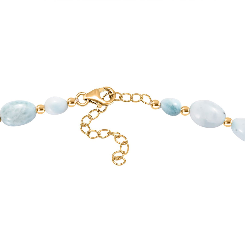 Natürlicher grüner Larimar Perlen-Halskette, ca. 50 cm, 925 Silber 750 Gelb Vergoldet