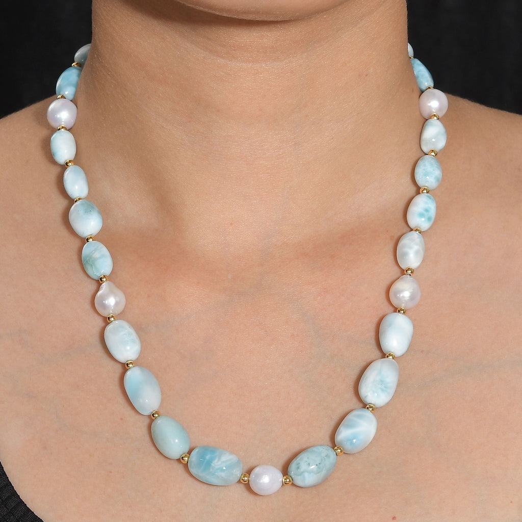 Natürlicher grüner Larimar Perlen-Halskette, ca. 50 cm, 925 Silber 750 Gelb Vergoldet