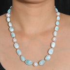 Natürlicher grüner Larimar Perlen-Halskette, ca. 50 cm, 925 Silber 750 Gelb Vergoldet