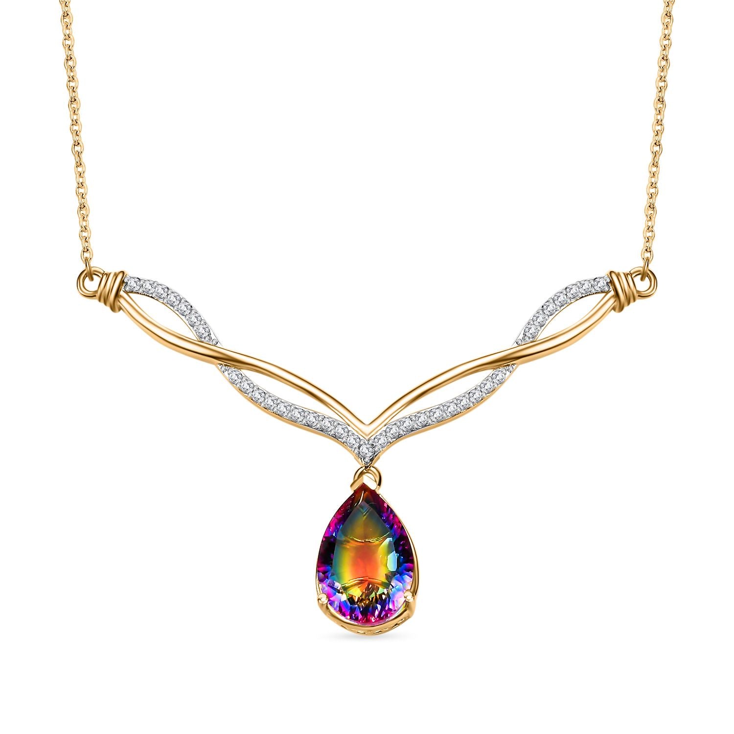 Nebel Quarz, Weißer Zirkon Halskette ca. 45 cm 925 Silber 750 Gelbgold Vermeil ca. 7,02 ct.