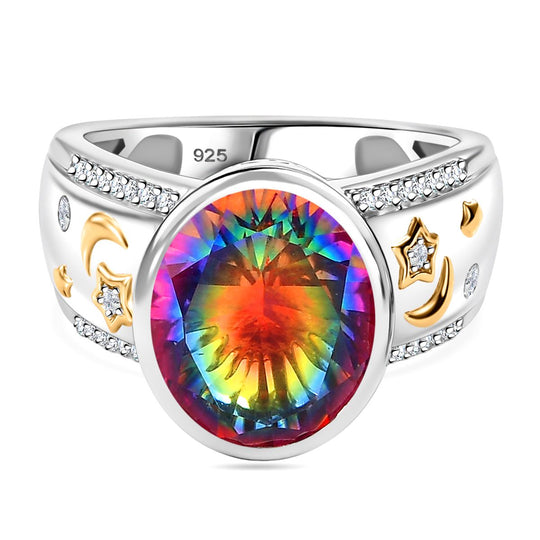 Nebel Quarz, Weißer Zirkon Ring, 925 Silber Rhodiniert und 750 Gelbgold Vermeil (Größe 18.00) ca. 5.35 ct