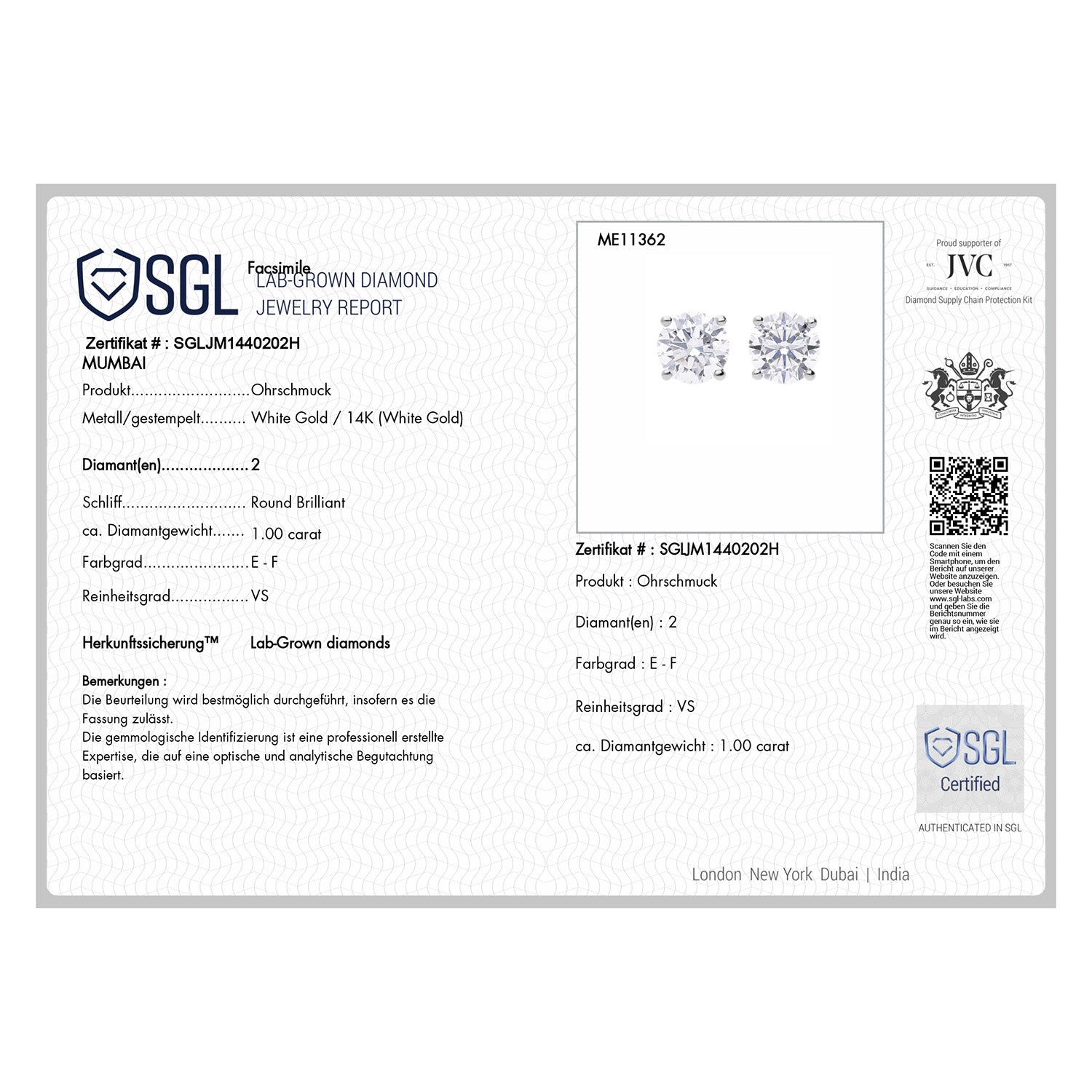 LUXURIANT DIAMOND - Lab-grown Diamant VS-EF SGL zertifiziert Ohrringe, 585 Gold, ca. 2.00 ct