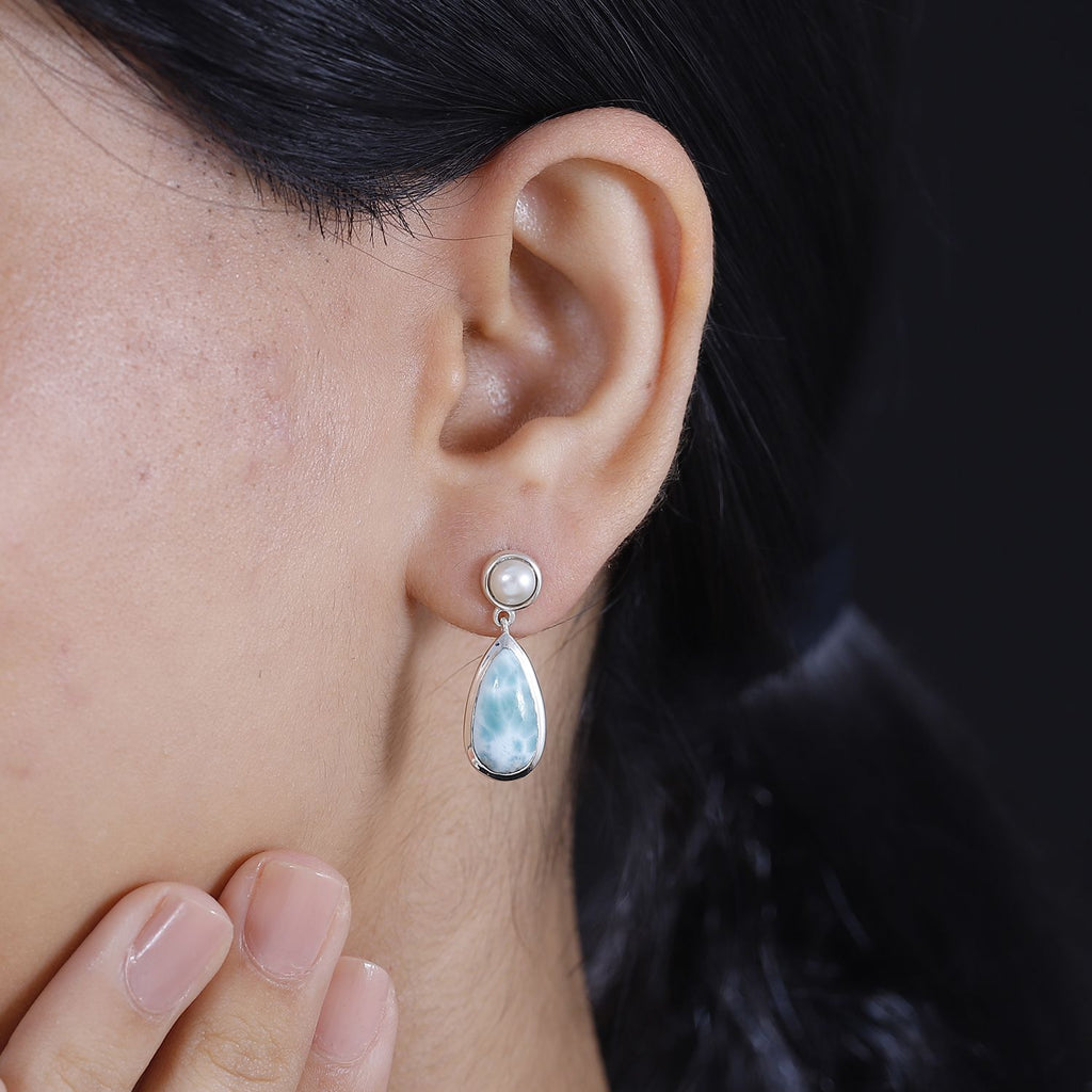 AA Natürlicher grüner Larimar, Süßwasser Perle Ohrringe 925 Silber rhodiniert