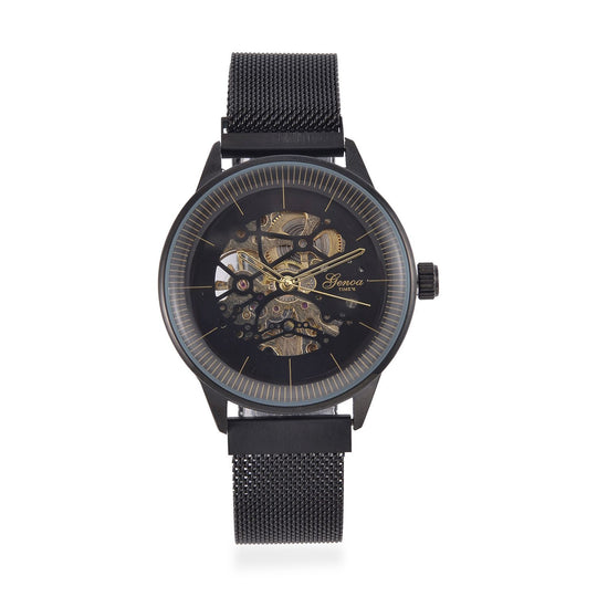 GENOA Automatik Mechanische Uhr mit Schwarzem Sonnenschein-Hohlzifferblatt und Modernem Minimalistischem Runddesign