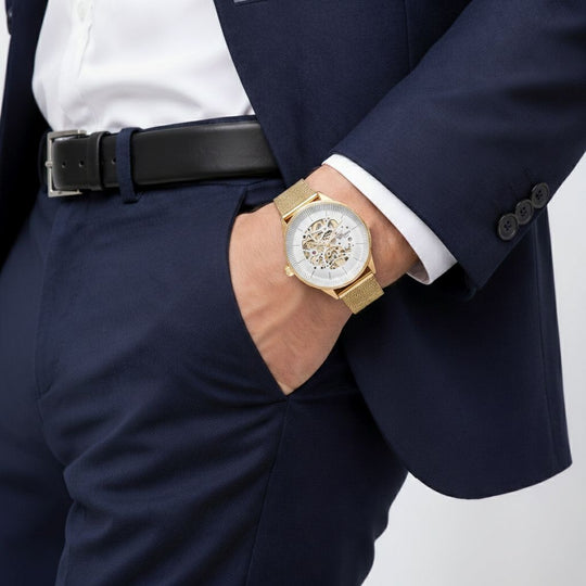 GENOA Automatik Mechanische Uhr mit Weißem Sonnenschein-Hohlzifferblatt und Modernem Minimalistischem Runddesign, goldfarben