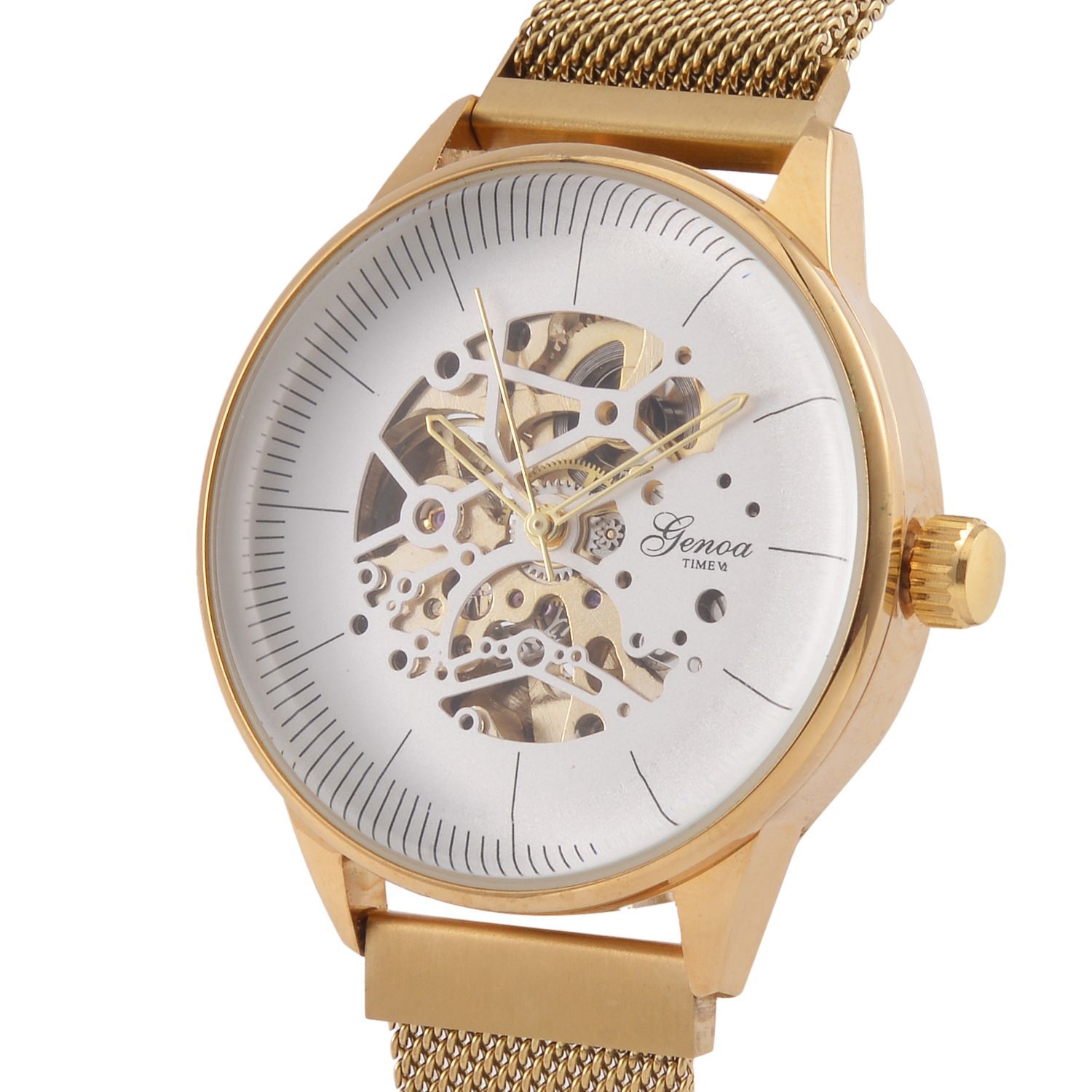 GENOA Automatik Mechanische Uhr mit Weißem Sonnenschein-Hohlzifferblatt und Modernem Minimalistischem Runddesign, goldfarben