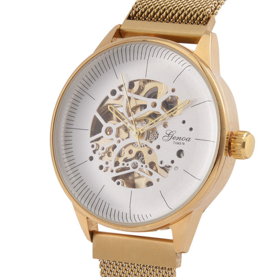 GENOA Automatik Mechanische Uhr mit Weißem Sonnenschein-Hohlzifferblatt und Modernem Minimalistischem Runddesign, goldfarben