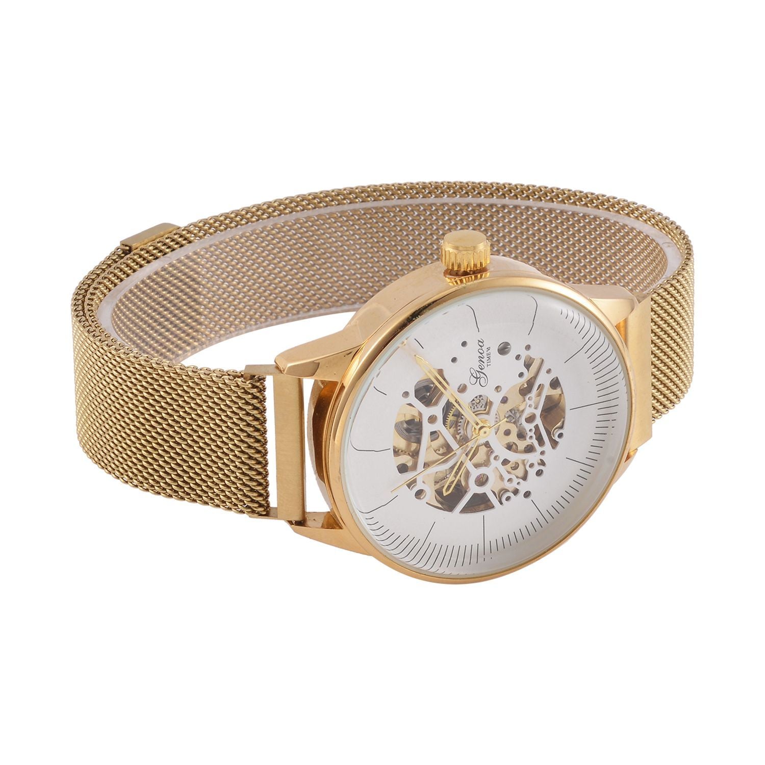 GENOA Automatik Mechanische Uhr mit Weißem Sonnenschein-Hohlzifferblatt und Modernem Minimalistischem Runddesign, goldfarben