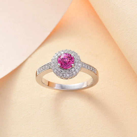 AAA Rosa Saphir, Weißer Diamant Ring, AGI zertifiziert und geprüft, 417 Weiß Gold (Größe 18.00) ca. 1.10 ct