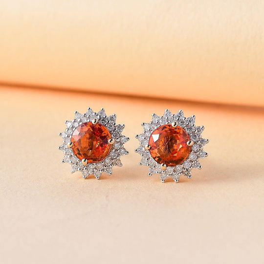 LUXORO zertifizierte und geprüfte AAA Orange Saphir und GH-I2 Diamant florale Halo Ohrringe in 585 Gelbgold - 2,18 ct.