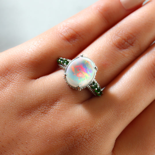 Natürlicher Äthiopischer Opal und Natürlicher Chromdiopsid Ring 925 Silber platiniert (Größe 17.00) ca. 4,64 ct