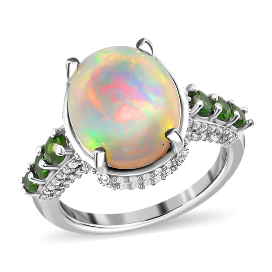Natürlicher Äthiopischer Opal und Natürlicher Chromdiopsid Ring 925 Silber platiniert (Größe 17.00) ca. 4,64 ct