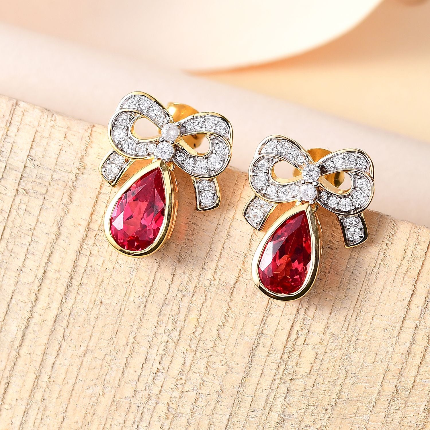 Lab Created Padparadscha-Saphir, Weißer Zirkon Ohrringe 925 Silber 750 Gelbgold Vermeil ca. 5.23 ct