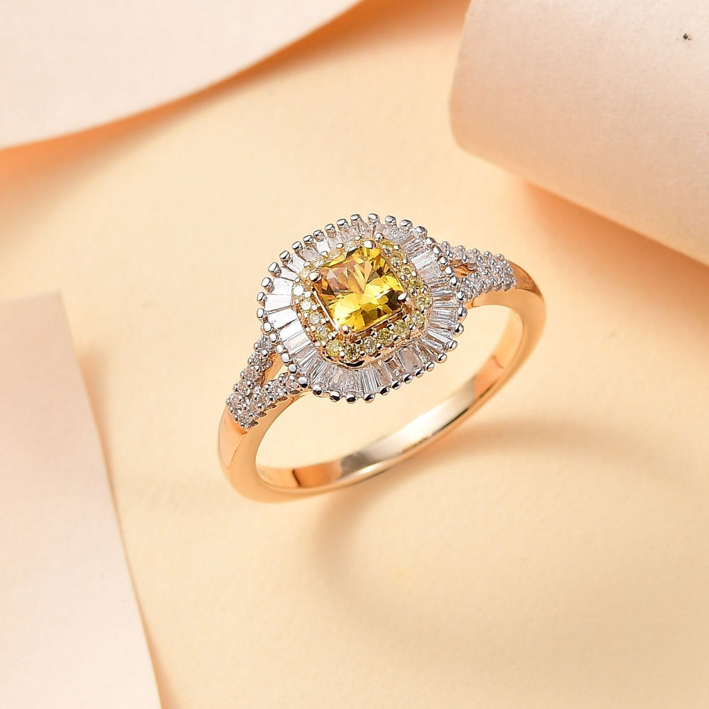 AAA Gelber Saphir, Weißer Diamant AGI zertifiziert und geprüft Ring 585 Gelbgold (Größe 16.50) ca. 1,31 ct