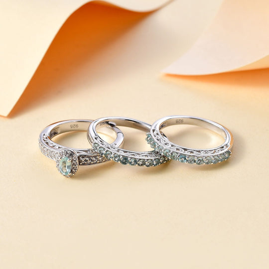3er-Set AA Lagunen Apatit und Zirkon Ring, 925 Silber rhodiniert - 1,87 ct.