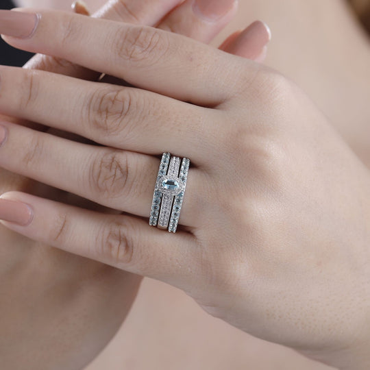3er-Set AA Lagunen Apatit und Zirkon Ring, 925 Silber rhodiniert - 1,87 ct.