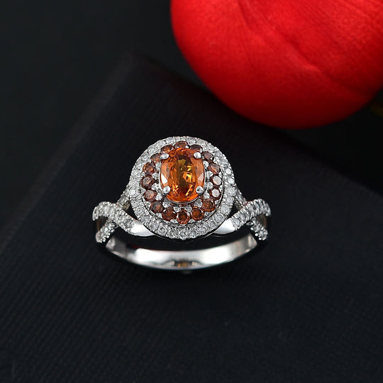 LUXORO zertifizierter und geprüfter AAA Orange Saphir, roter und I2 weißer Diamant Halo Ring 585 Weißgold - 2,33 ct.