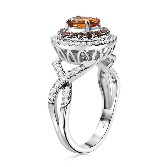 LUXORO zertifizierter und geprüfter AAA Orange Saphir, roter und I2 weißer Diamant Halo Ring 585 Weißgold - 2,33 ct.