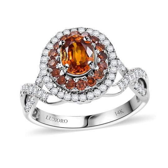 LUXORO zertifizierter und geprüfter AAA Orange Saphir, roter und I2 weißer Diamant Halo Ring 585 Weißgold - 2,33 ct.