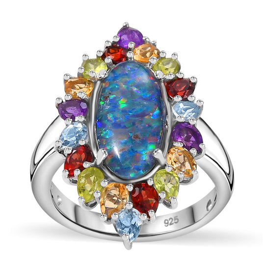 Boulder Opal Triplette, Mosambik Granat Ring 925 Silber rhodiniert (Größe 20.00) ca. 6,73 ct