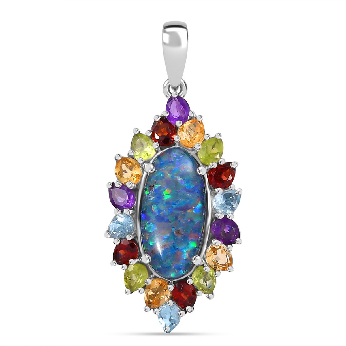 Boulder Opal Triplette, Mosambik Granat Anhänger 925 Silber rhodiniert ca. 6.72 ct