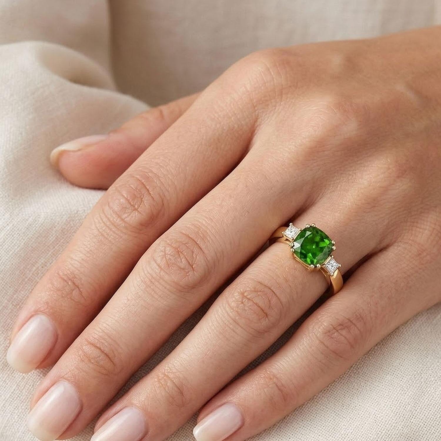 LUXORO AAA Natürlicher Chromdiopsid, Weißer Diamant Ring, AGI zertifiziert, 417 Gelb Gold (Größe 17.00) ca. 1.75 ct