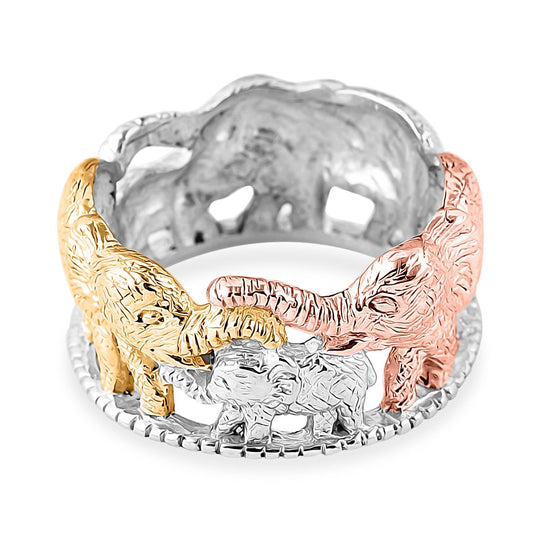 Royal Bali - Ring mit Elefantenfamilien-Design, 925 Silber, tricolor, (Größe 21.00) ca. 9,58g