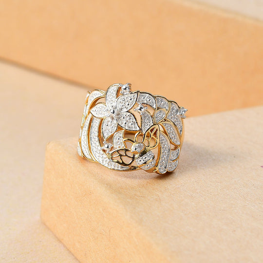 Breiter Blumenring mit Weißer Diamant-Pavé Diamant Ring, Goldton