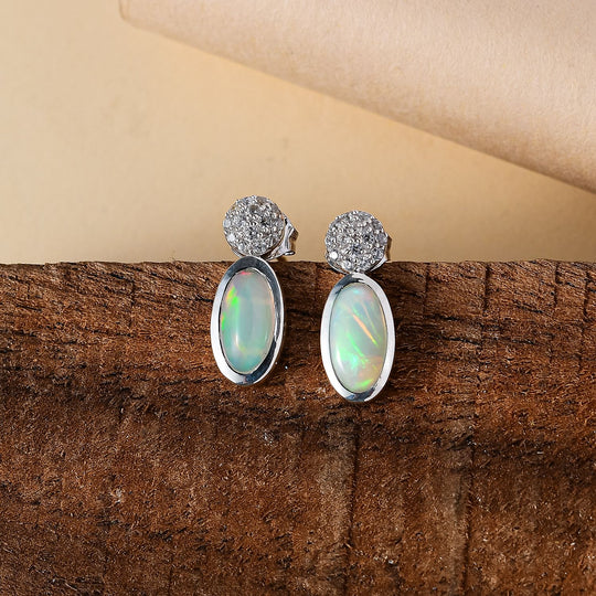 AA Natürlicher, äthiopischer Welo Opal, Weißer Zirkon Ohrringe 925 Silber 750 Gelbgold Vermeil ca. 2.11 ct