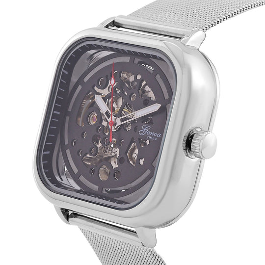 GENOA TIME V2 42mm Automatische Mechanikuhr - Schwarzes hohles Zifferblatt, Gehäuse aus Legierung mit IPS-Beschichtung, Edelstahl-Mesh-Armband, 3 ATM wasserdicht, 8.5 cm, schwarz